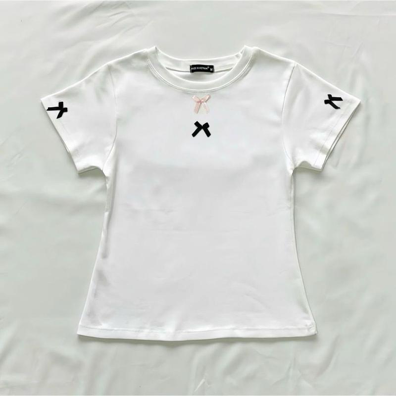 Áo thun gân cotton co giản nơ trước ngực và 2 bên tay, from 45kg - 60kg. Giá sỉ - giá bán buôn 7