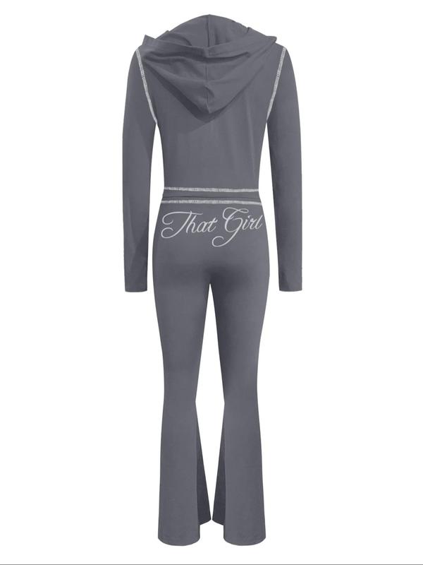 Women's Letter Print Zip Up Cropped Long Sleeve Jacket & Elastic Waist Flare Leg Pants Two-piece Set, Casual Fashion Cozy Two Piece Outfits for Daily Outdoor Wear, Women Clothes for Fall & Winter 5