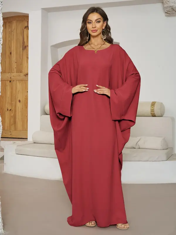 Women's Plain Batwing Sleeve Kaftan Dress, Elegant Long Sleeve Round Neck Maxi Dress for Daily Wear, Dresses for Women, Ladies Clothes for All Seasons 8