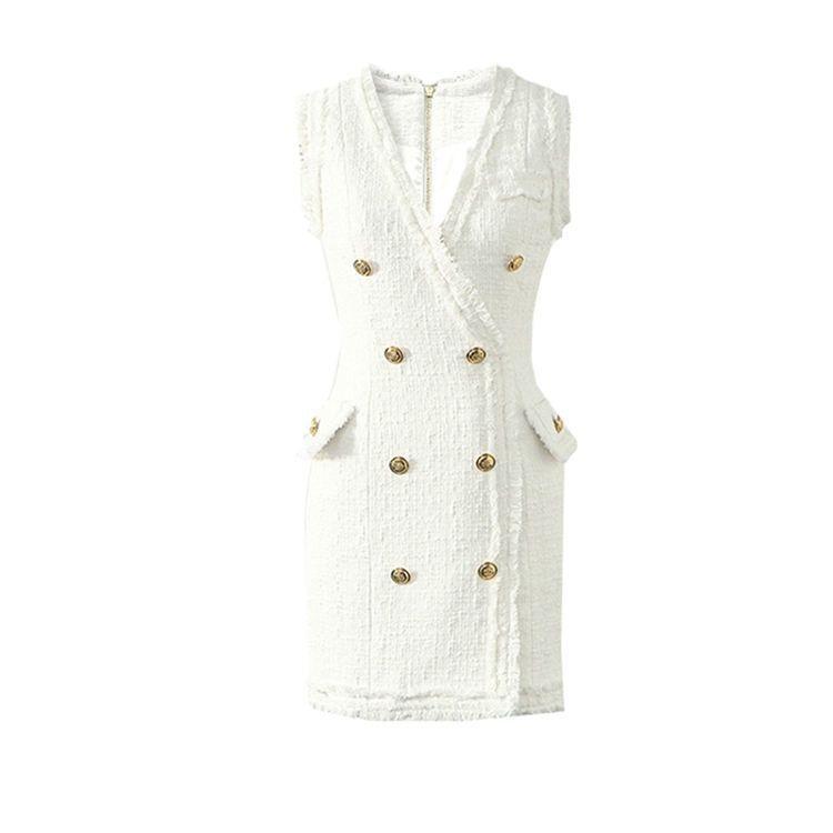 【Ready】Gaun berpelukan pinggul slim fit tanpa lengan V-neck putih gaya harum kecil gaya baru untuk selebriti internet wanita Casual Dress Panjang Pendek Linen Retro Hitam 8