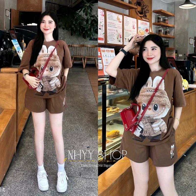 Bigsize 60-90kg Set bộ đùi thun cottong in hình labubu cho nữ, Bộ đồ áo thun tay lỡ in hình labubu tay lỡ + quần đùi lưng thun in hình Nhyy Shop 0