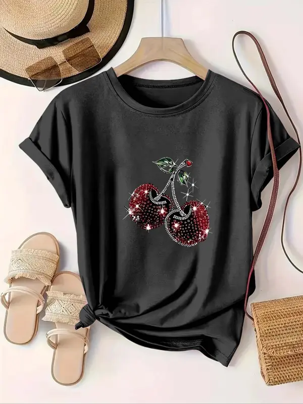 【Plus Size】 Cherry & Letter Print Round Neck Tee, Casual Short Sleeve T-shirt for Summer, Women's Plus Clothing for Daily Wear, Top 3