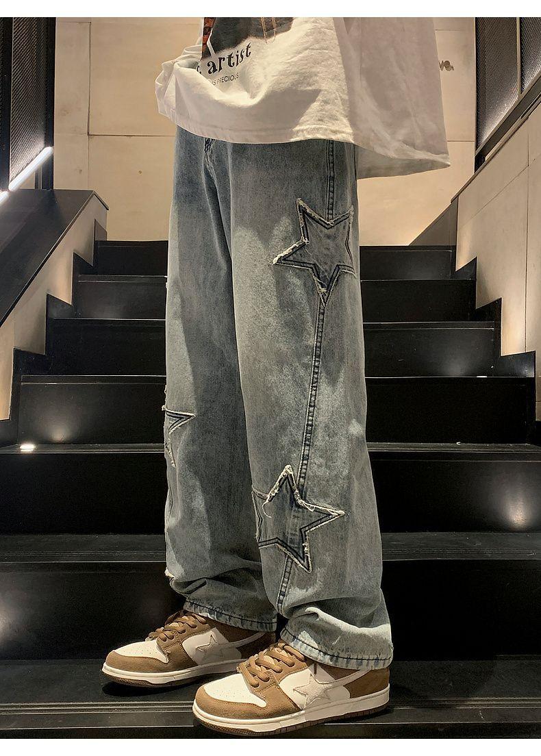 Product Introduction of Pants Men's Ins Fashionable Loose Wide-Leg American Vibe High Street Jeans Men's Fashionable Fried Street Ruan Shuai Straight Men's Pants Sneaker 26