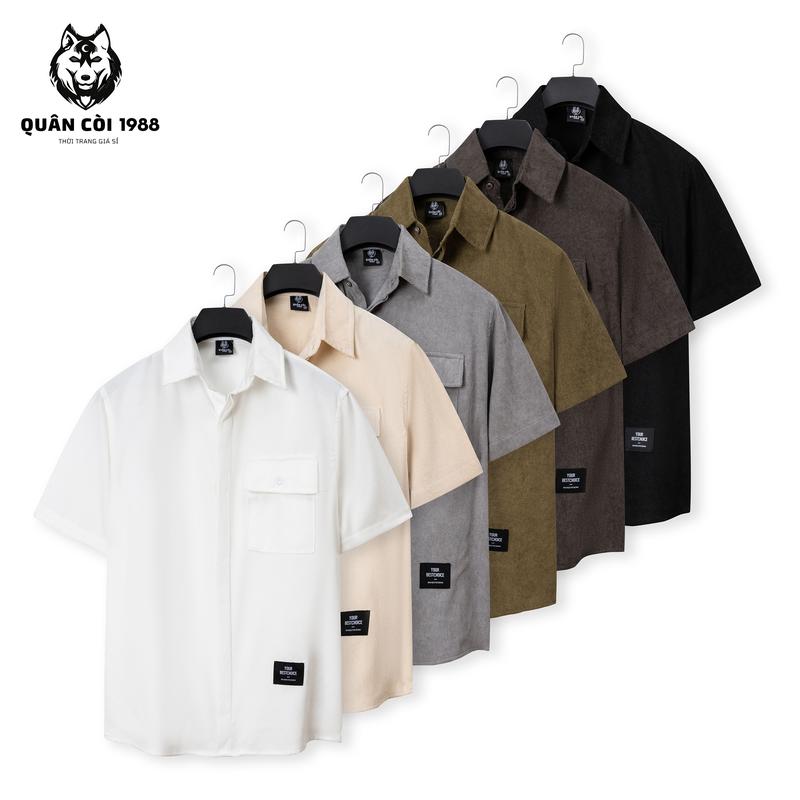 Áo sơ mi nhung tăm Nam ,Nữ Nẹp ẩn khuy  SM-94 ( Quân còi 1988 ),tay ngắn ,phom rộng Menswear Cổ Tròn