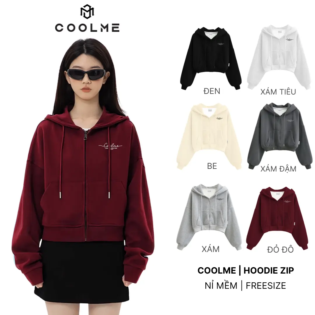 Áo Hoodie Zip Chống Nắng Coolme Nữ Signature Croptop Nỉ 2 Mặt Full Màu Basic