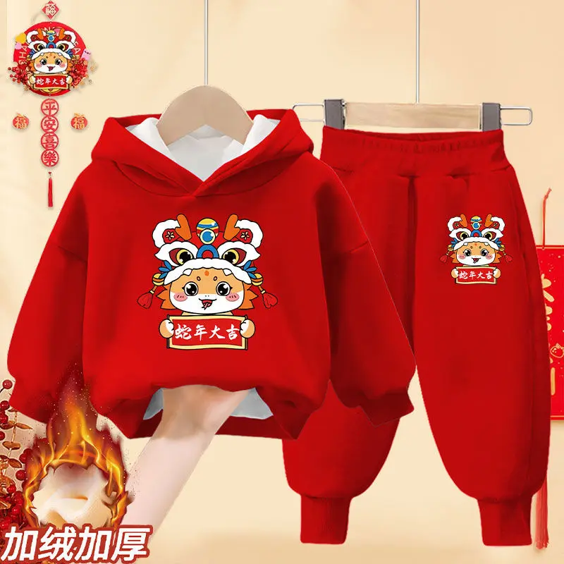 Bộ Đồ Lót Lông Cừu Bé Trai, Bộ Sưu Tập Thu Đông, Áo Len Năm Con Rắn Cho Trẻ Em, Bộ Hai Mảnh, Áo Có Mũ Trùm Đầu Màu Đỏ Cho Bé Gái, Năm Con Rắn, Năm Mới, 2025 4
