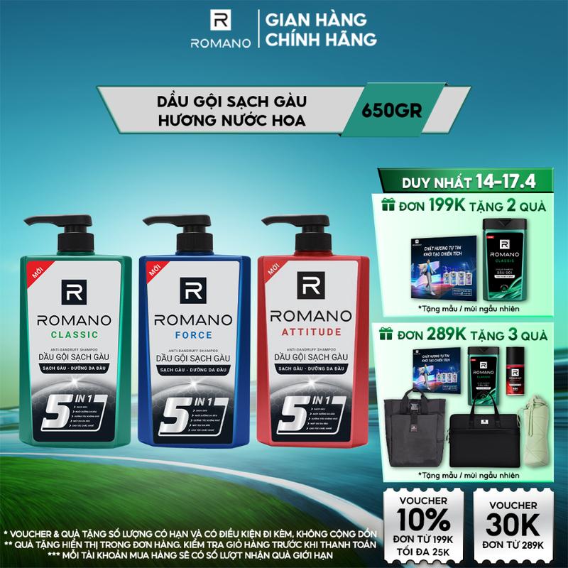 [ĐƠN 199K TẶNG 2 QUÀ] Dầu gội sạch gàu Dưỡng Tóc cho nam Romano 5in1 hương nước hoa Classic/ Force/ Attitude 650g - 3 mùi hương có sẵn