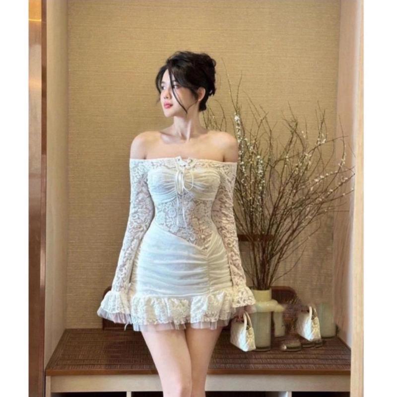 ( có bigsize ) S006 - Váy BODY REN TRỄ VAI ĐAN DÂY nhún eo ( có lót )