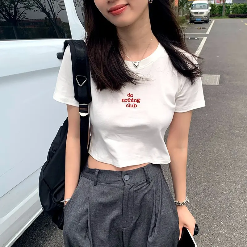 Áo Thun Mùa Hè, Phong Cách Hàn Quốc, Bó Sát, Dễ Phối Đồ, Thiết Kế Đơn Giản, Phong Cách Cô Gái Nóng Bỏng, Có In Chữ, ngắn Tay, Dành Cho Nữ, Hợp Xu hướng 5