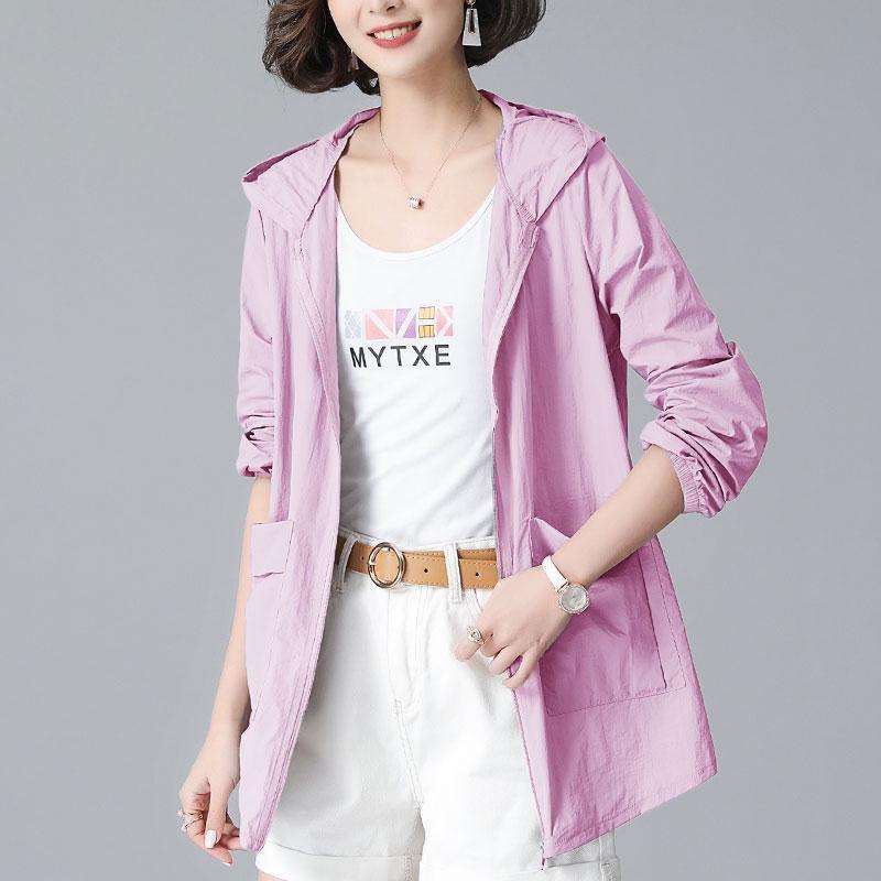 Product Introduction of Plus Size S-5XL Women Sun Protection Trench Jacket Thin Zipper Hooded Summer Fashion Casual Elegant Loose Windbreaker Coat Outerwear White Grey Pink Red Green Purple 24
