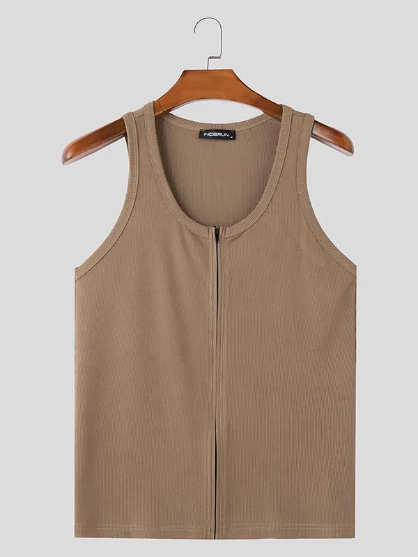 Men's Solid Zip Up Knit Tank Top, Regular Fit Casual Sleeveless Vest for Summer, Fashion Men's Top for Daily Wear 2