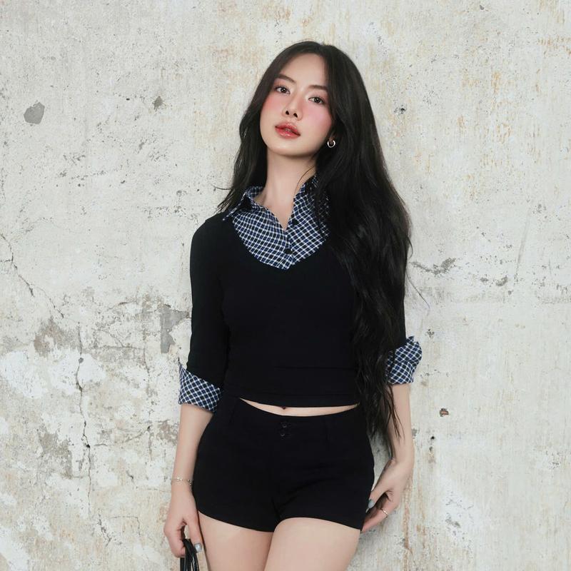 MÌ - ÁO KIỂU PHỐI CỔ SƠ MI CARO TAY LỬNG - ZOEY TOP 2
