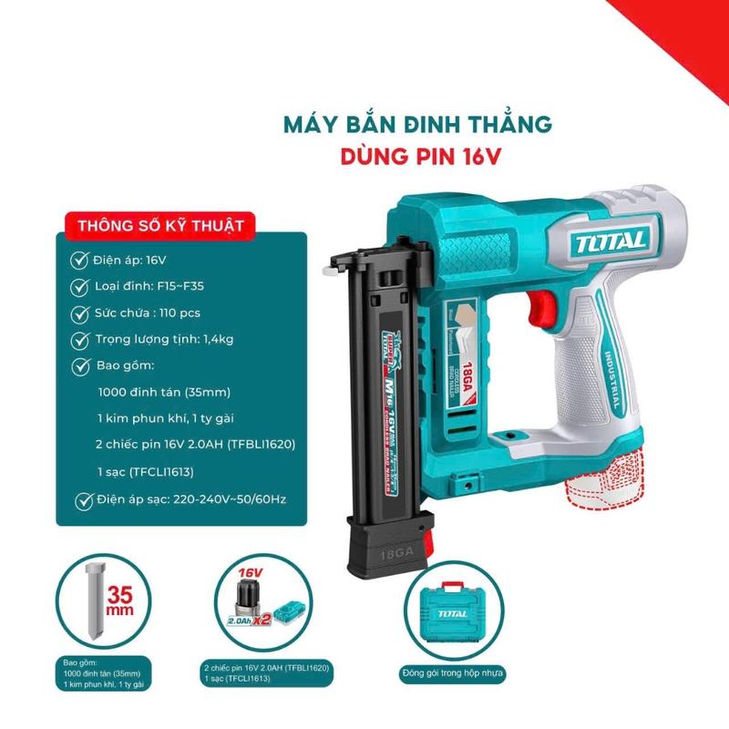 MÁY BẮN ĐINH THẲNG DÙNG PIN 16V TOTAL TCBNLI2038