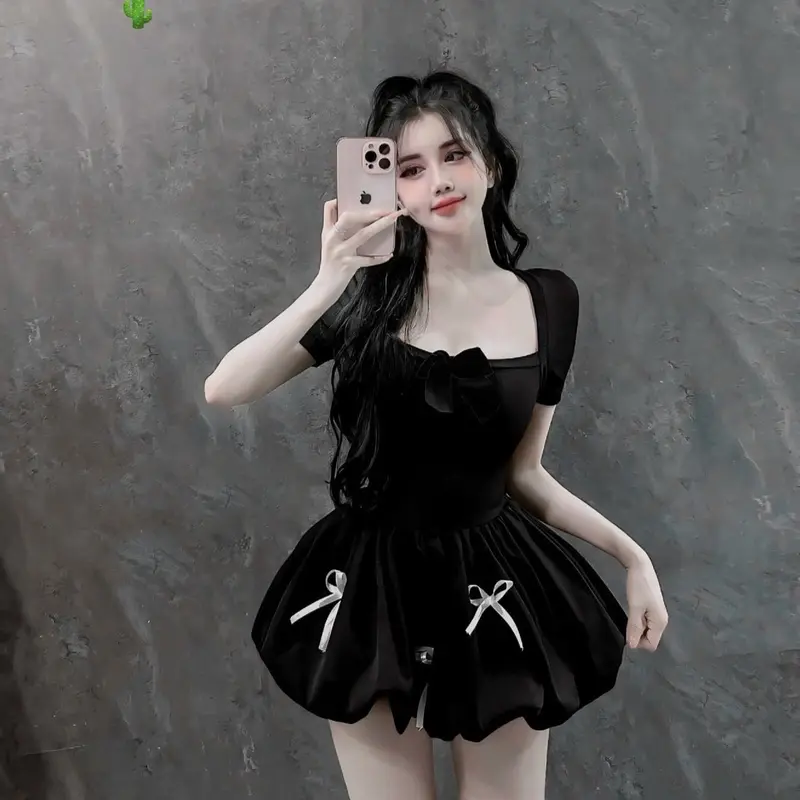 Đầm xoè tay ngắn đính nơ chất liệu thun gân + kate giãn dưới 53kg xinh trẻ trung Nữ Tre Dress Voi Màu Trắng Women Nhung 4