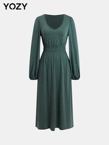 YOZY Women's Plain Bishop Sleeve V Neck A Line Dress, Casual Long Sleeve Elastic Waist Midi Dress for Fall, Women's Clothing for Daily Wear