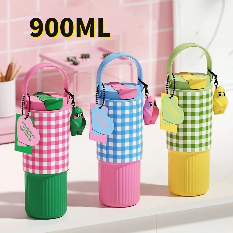 【COD】Tumbler Aesthetic Botol Minum Lucu 900ML Thermos Aesthetic Handle 2IN1 Anti Tumpah Dan Tahan Panas Dan Dingin Stainless Steel 304 Vacuum 0