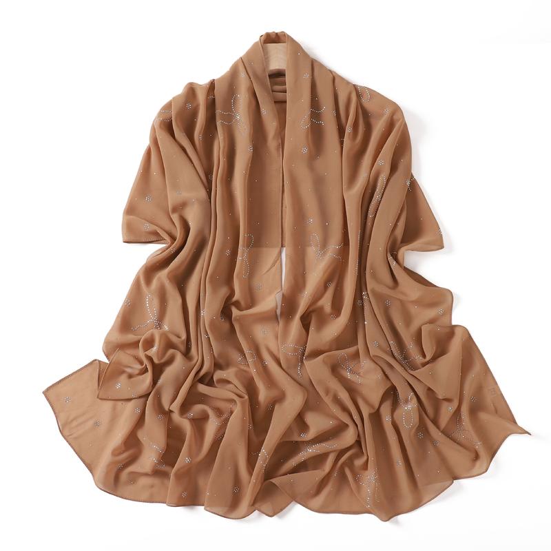 Product Introduction of High-End Heavy Craft Bowknot Rhinestone Solid Color Chiffon Long Scarf Full Rhinestone Shawl Headscarf Cape Scarf Silk Scarf for Women 17
