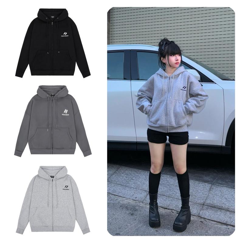 Áo khoác hoodie zip nỉ bông dây kéo form Boxy Nowwear Thêu Logo Unisex Nam Nữ Bo vải , mũ 2 lớp Women Đen Kem Top