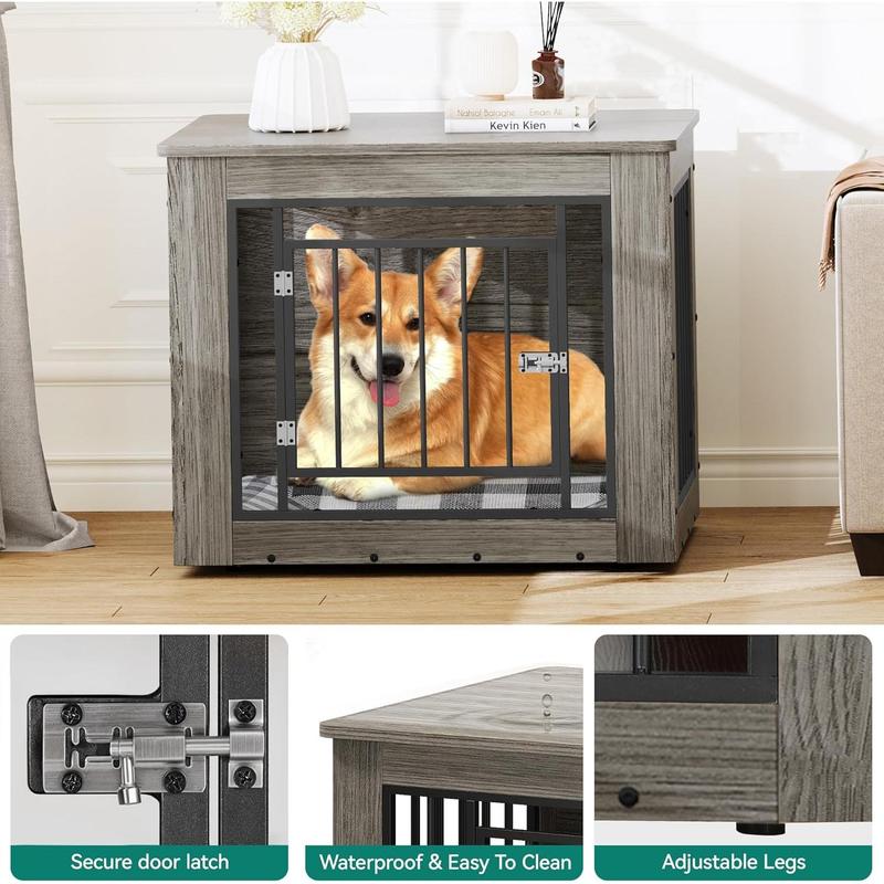 TikTok Shop Dog Crate Furniture for Medium Dogs Side End Table Modern Dogs Kennel Indoor up to 35 lb 2 in 1 Iron Wood Fusion Dog Cage with Waterproof Top Safety Corners Steel Lock 30 L Greige