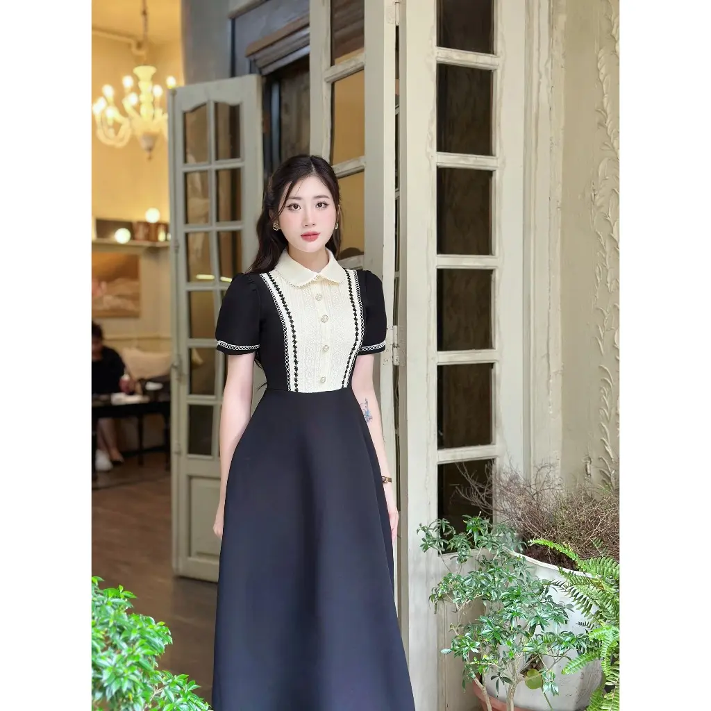 váy họa tiết ren đối xứng ngắn tay, đầm cổ sen tiểu thư cao cấp cho chị em bốn mùa