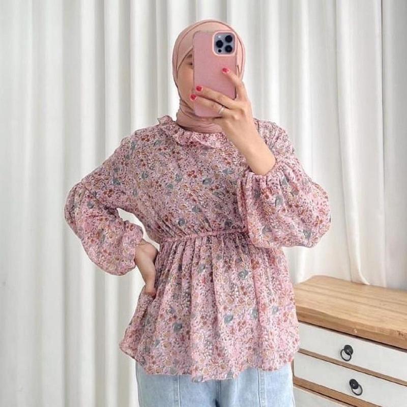FLORAL OLLA BLOUSE MOTIF BUNGA ATASAN PINGGANG KARET / BLOUSE KOREAN VINTAGE Wolfis Wanita Atasan Panjang Baju  Cewek Dewasa olla blouse korean style Casual 2