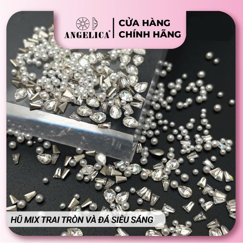 Hũ Mix Viên Ngọc Trai Tròn Và Đá, Set Mix Đá Khối Size Nhỏ Và Ngọc Trai, Đá Đính Móng Cao Cấp, Phụ Kiện Làm Nail Angelica