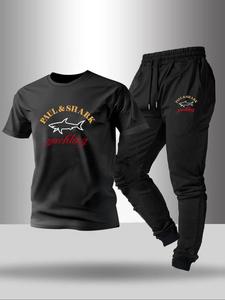 Men's Letter Print Shortsleeve Tee & Drawstring Waist Sweatpants, Regular Fit Round Neck Short Sleeve T-shirt & Jogger Pants, Casual Top & Trousers for Outdoor Sports, Menswear