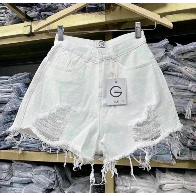 Quần Short Jean Nữ Thời Trang Đen Trắng women mini  shorts Kem rách  tua rua ít