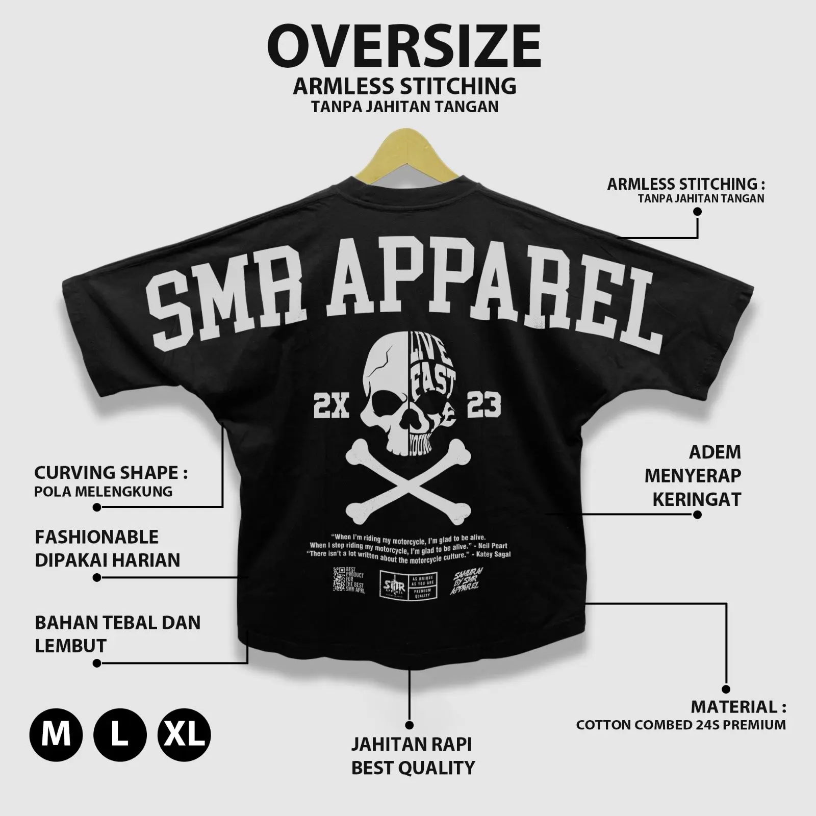 SMR APPAREL Kaos  Baju Pria  Distro Oversize  Motif SMR APPAREL Skull Katun Combed Hitam  Atasan Dewasa