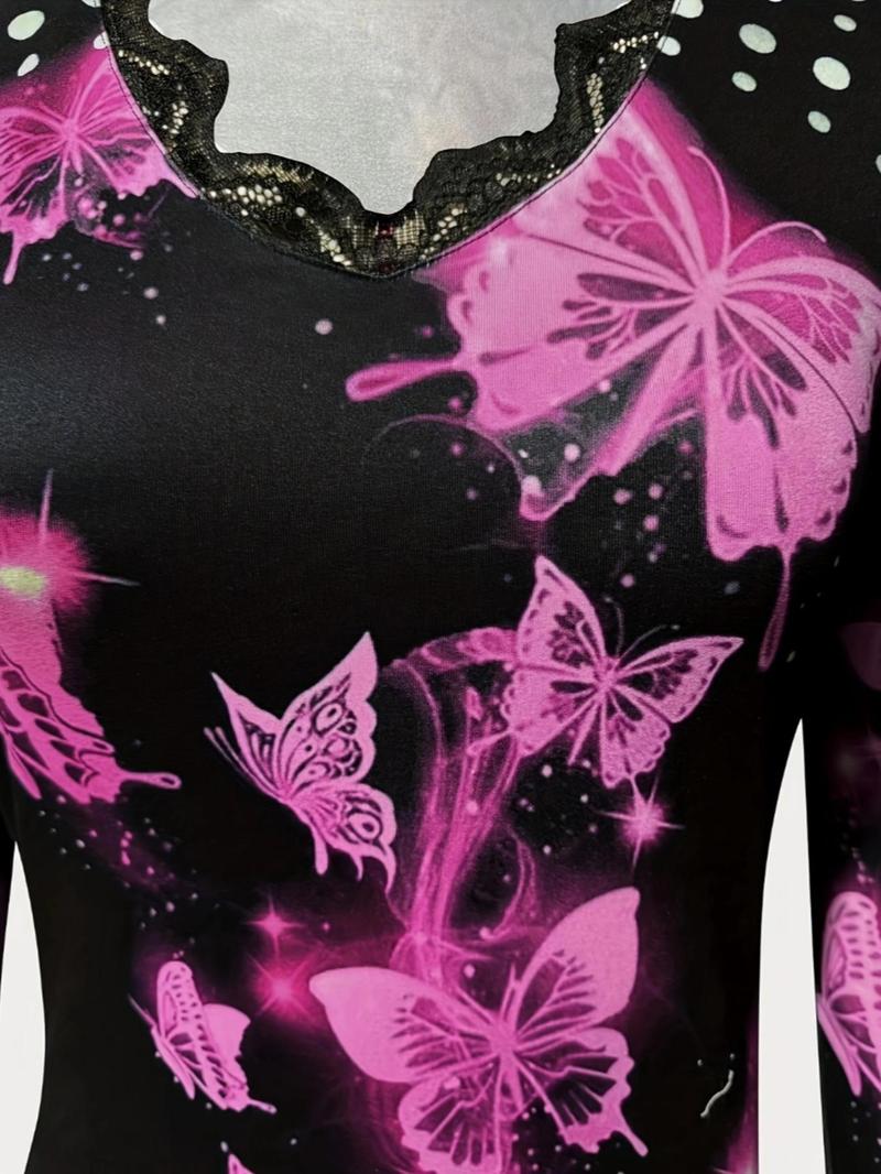 Product Introduction of Women's Butterfly Print Cold Shoulder Tee, Casual Long Sleeve T-shirt for Spring, Women's Top for Daily Wear 4
