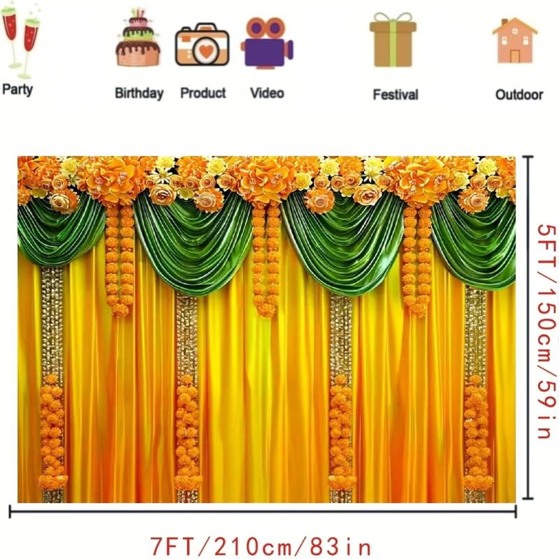 Product Introduction of 1pc Traditional Indian Marigold & Chrysanthemum Vinyl Backdrop - 5x3ft/5x7ft, Yellow & Green Curtain Design - For Hindu Weddings, Parties, Diwali Decorations - Perfect for Festive Celebrations & Events 4