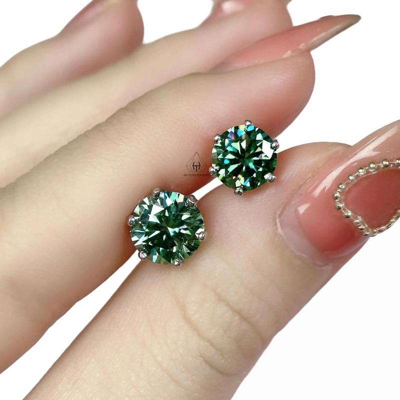 Bông Tai Bạc 925 Xi Kim Đính Đá Moissanite Xanh Lá 57 Giác Nam Nữ 6 Chấu Chuôi Vặn EX003 Hà Tuấn Jewelry