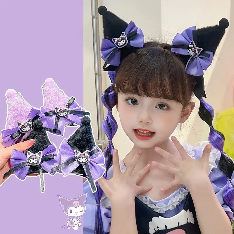 Tóc Giả Kẹp Tóc Trẻ Em Kuromi, Sanrio, Băng Đô thắt Tóc, Dành Cho Bé Gái, Tóc Đuôi Ngựa Cao, Dây Buộc Tóc, Phong Cách Ngọt Ngào, Phụ Kiện Tóc, Dành Cho Bé Gái