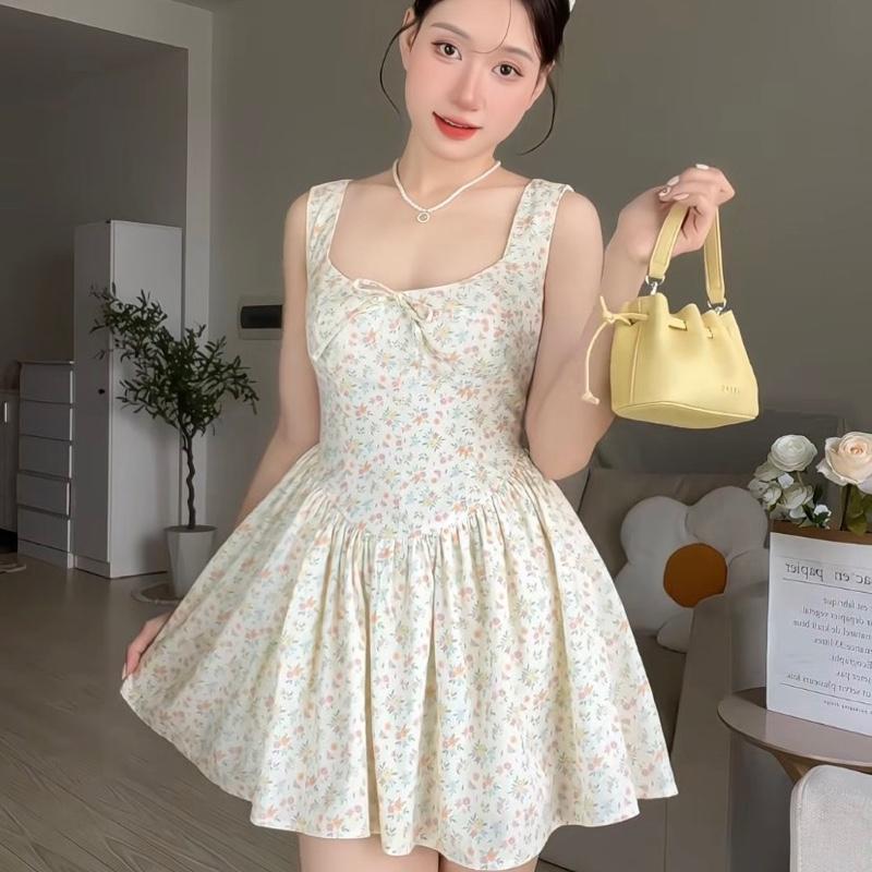 Đầm Nữ Hoa Mini Hai Dây Bản To Cổ Vuông Chiết Eo Form Ngắn Dịu Dàng Mùa Hè 1