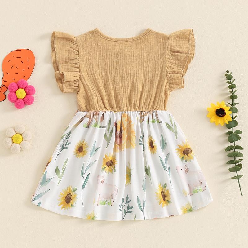Product Introduction of Girls A-line Dress, Fly Sleeve Crew Neck Bow Chicken Print Casual Dress Summer Dress 42