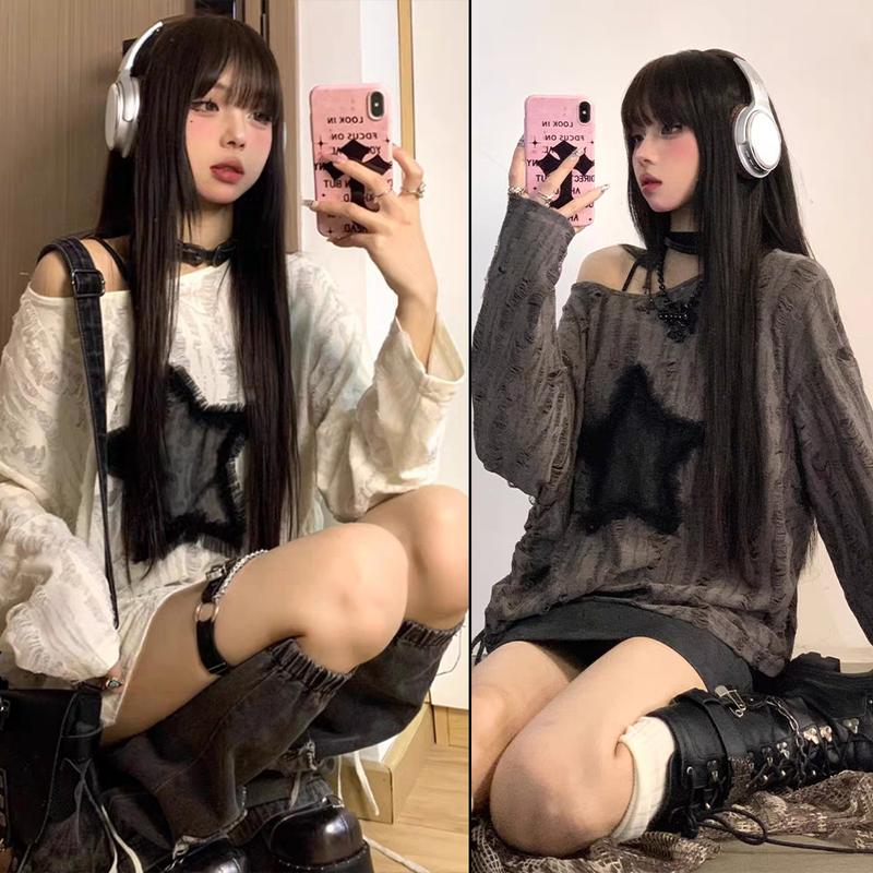 Áo thun nữ dài tay lệch vai quyến rũ, thiết kế dây rút dáng rộng, áo kiểu nữ, áo rách nữ trễ vai