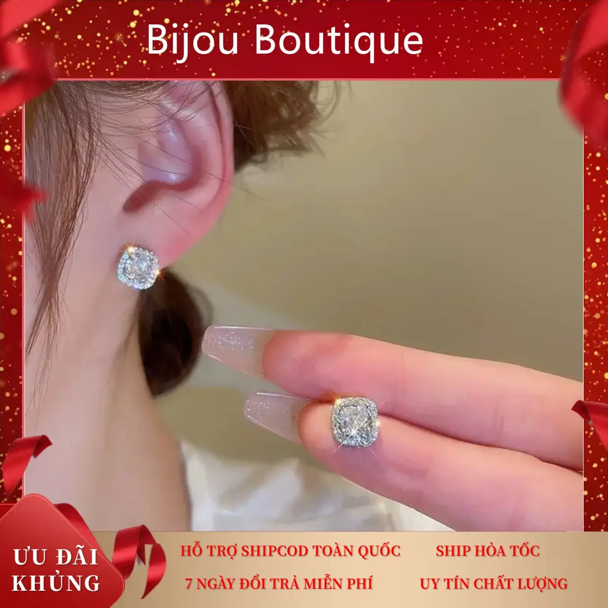 Bông tai nữ mois vuông chốt xiên đẩy tặng kèm hộp full đá Hoa tai nữ mặt vuông fullbox Women