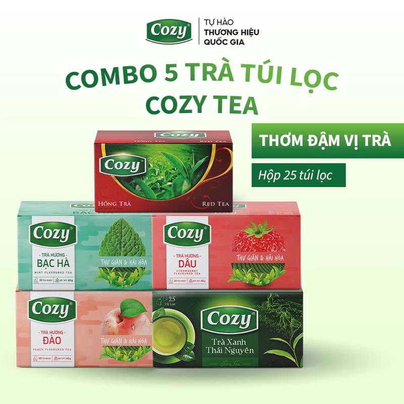Combo 5 Trà Túi Lọc Cozy Tea Gồm Đào, Dâu, Bạc Hà, Hương Nhài, Hồng Trà Giải Nhiệt Mùa Hè Nước Trà Thơm, Chè Sạch Tươi Nguyên Chất