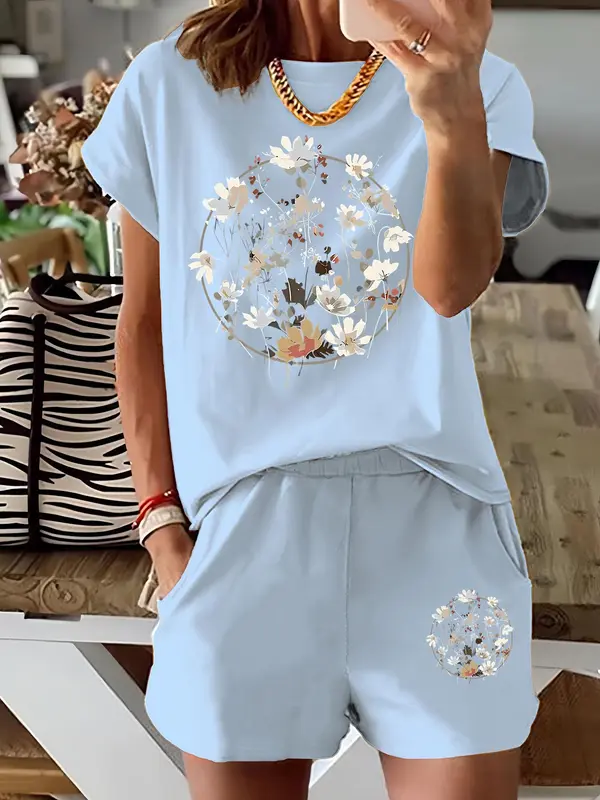 Two-Piece Set Women's Floral Print Tee & Shorts, Casual Round Neck Short Sleeve T-shirt & Shorts for Summer, Ladies Clothes for Daily Wear 0