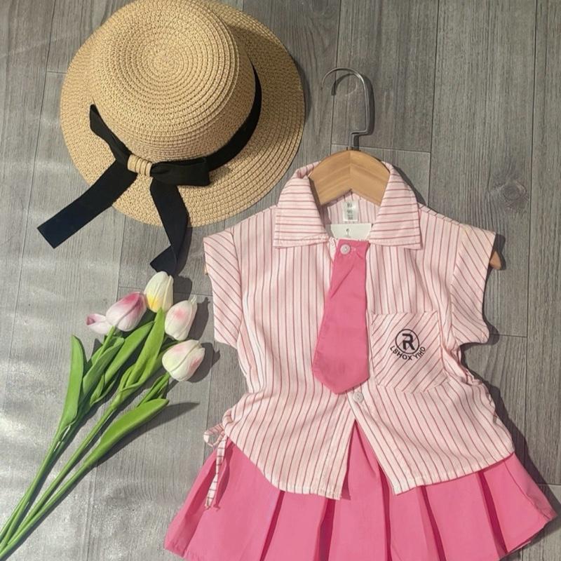 [6-25kg] Set áo KẺ SỌC CÀ VẠT kèm chân váy xếp li phong cách cho bé gái [XMHM]