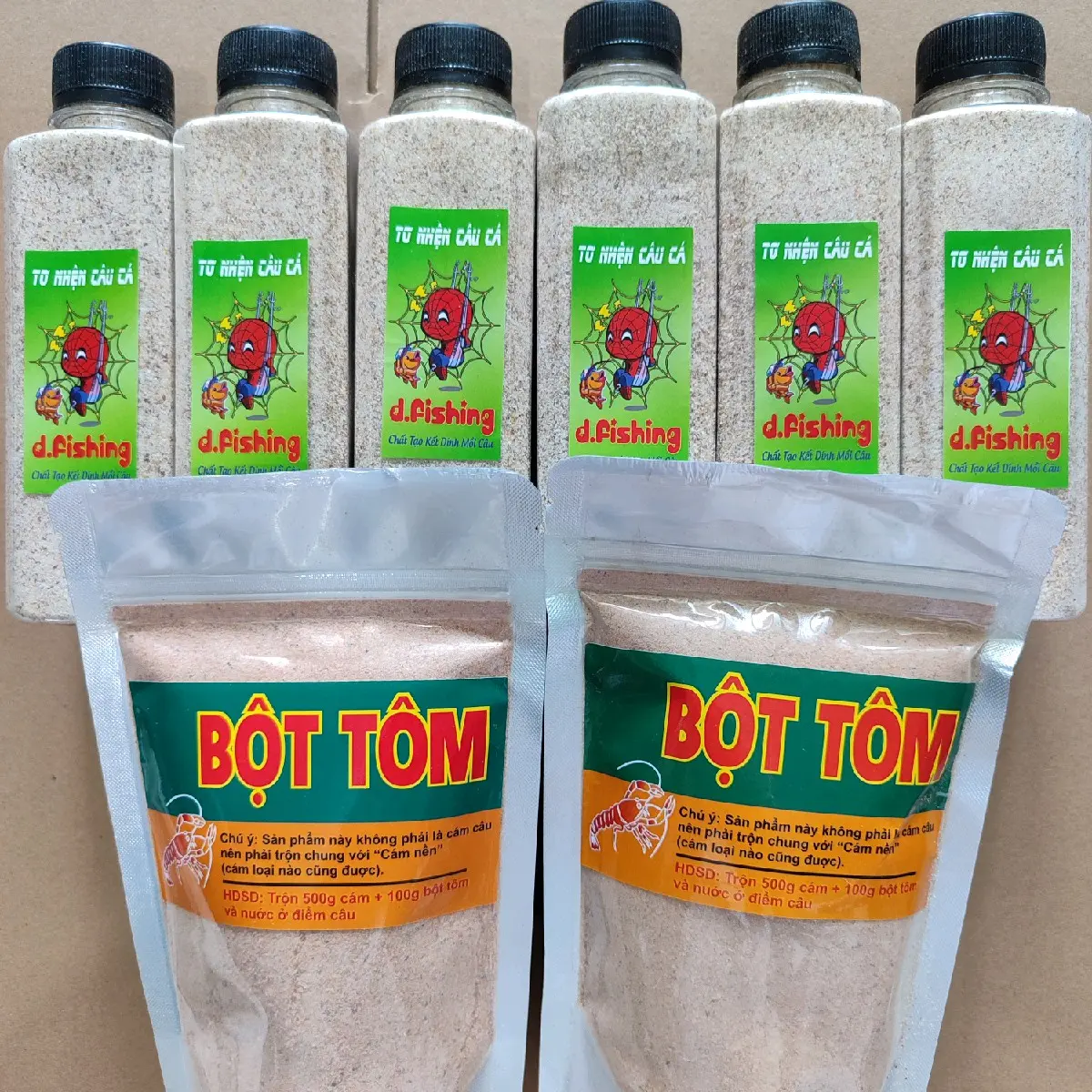 Combo 6 chai tơ nhện và 400g bột tôm câu cá COMBO - Fishing Đi Câu Bắt Cá Câu Cá Bi Đồng Nam mồi vuốt