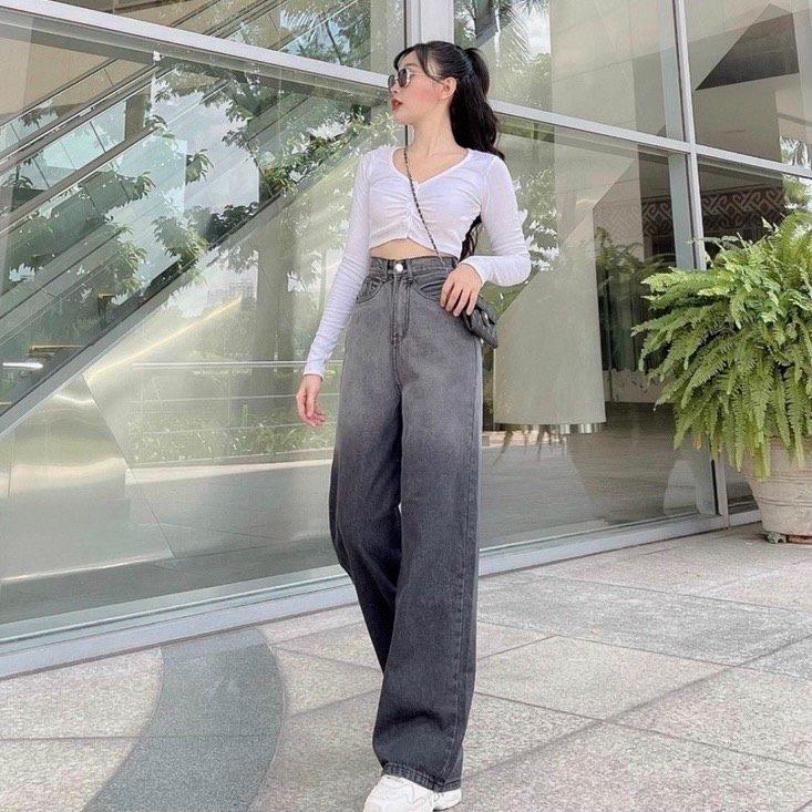 quần bò loang ống rộng khói nữ