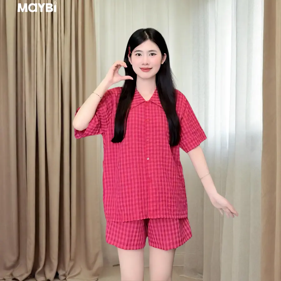 (ƯU ĐÃI TRÊN LIVE) Bộ pyjama ngắn suông sọc caro thương hiệu Maybi