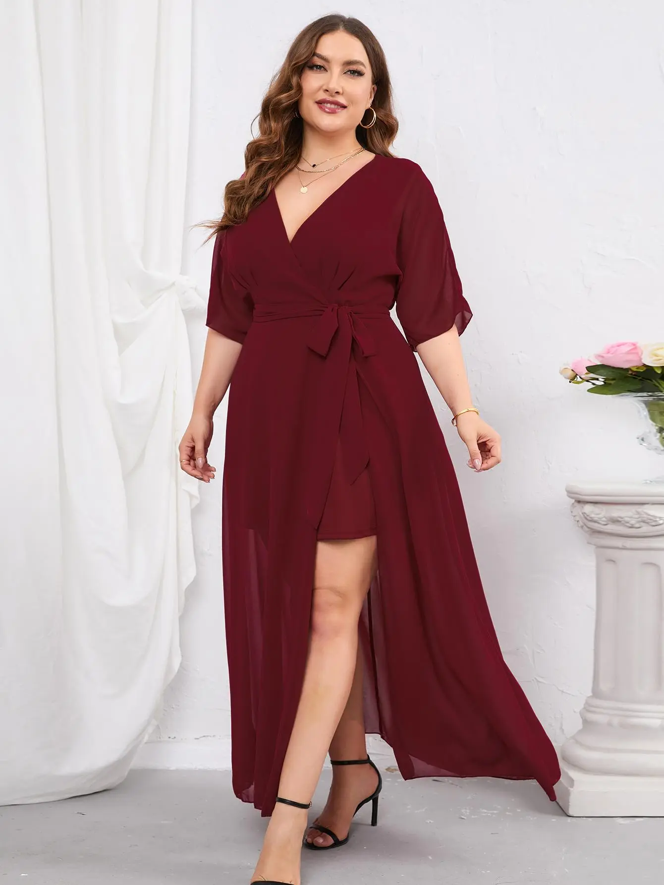 Summer Clothes Women Plus Size Half Sleeve Wrap V Neck Split Chiffon Dress with Belt, Dresses Summer, Elegant Maxi Dresses for Party Holiday Wedding Guest Women's Summer Clothes