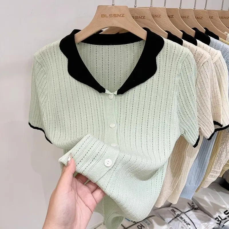 Áo Cardigan Dệt Kim, ngắn Tay Áo, Chất Liệu Lụa Lạnh Dành Cho Nữ, Mỏng Và Mùa Hè, Màu Tương Phản, Thiết Kế Độc Đáo Với Thiết Kế Rỗng Áo Polo, Áo Nữ Voi Top Women