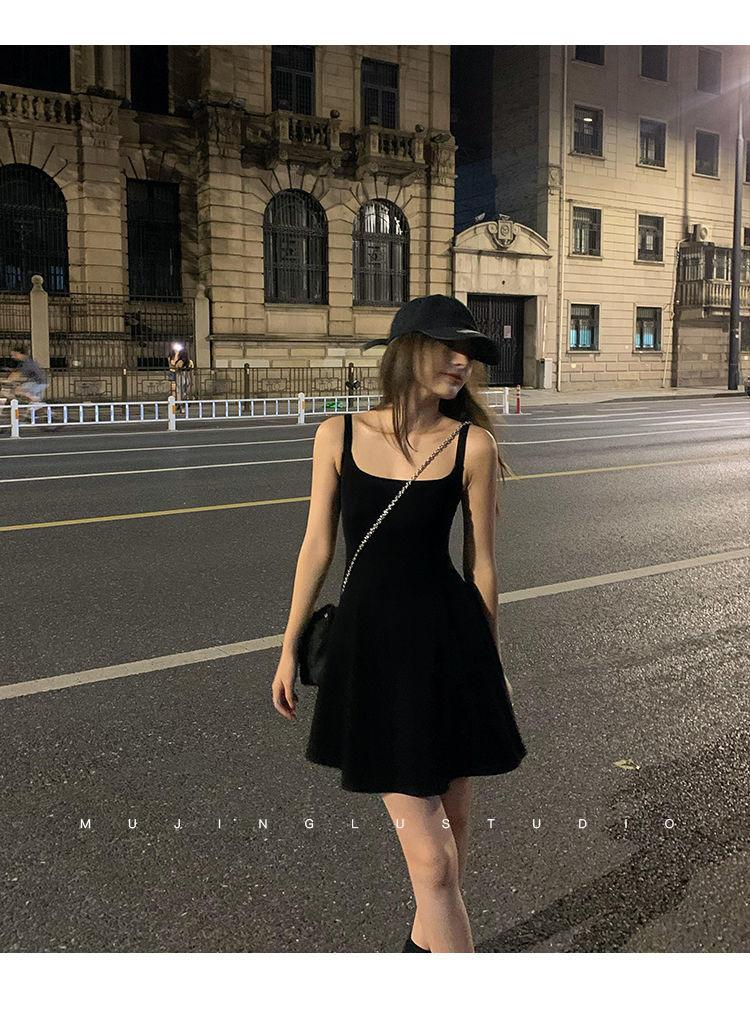 Product Introduction of Korean style sleeveless camisole black dress for women, fashion Retract your waist casual solid color A-line short skirt Summer 3