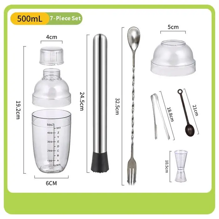 GIANXI Set Alat Shaker Minuman 7in1 – Cobbler Cup + Jigger + Muddler + Spoon | Varian 500ml & 1000ml – GX7