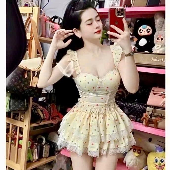  Set Áo CropTop cánh tiên Cúp Ngực  Phối Chân Váy xoè 2 tầng viền Ren...Free size 43-54kg 