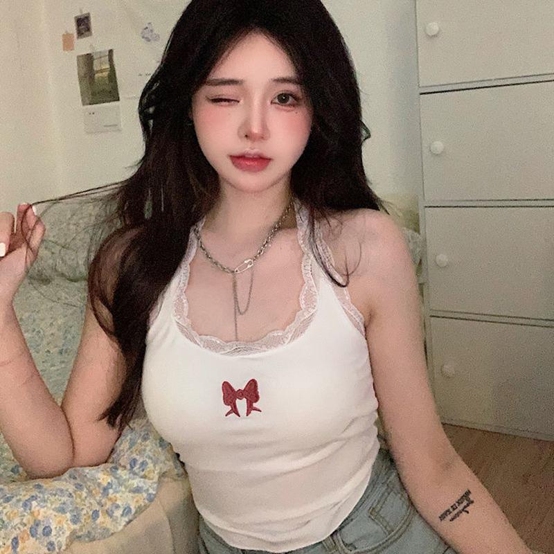 Women Fashion Tank Tops Lace Trim Bow Embroidery Halter Neck Vests SummerFit Backless Sleeveless Cropped Tops Streetwear 1