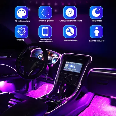 6-in-1 Acrylic Car LED Interior Strip Lights - App Control, 16 Million Colors, Music Sync